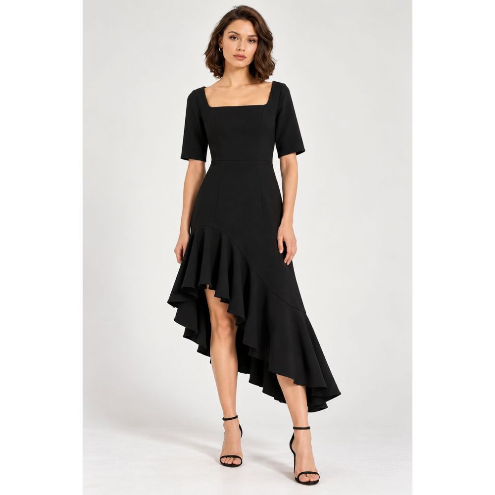 Mac Duggal 21019 Black Asymmetrical Ruffle Midi Dress Size 6 NWT